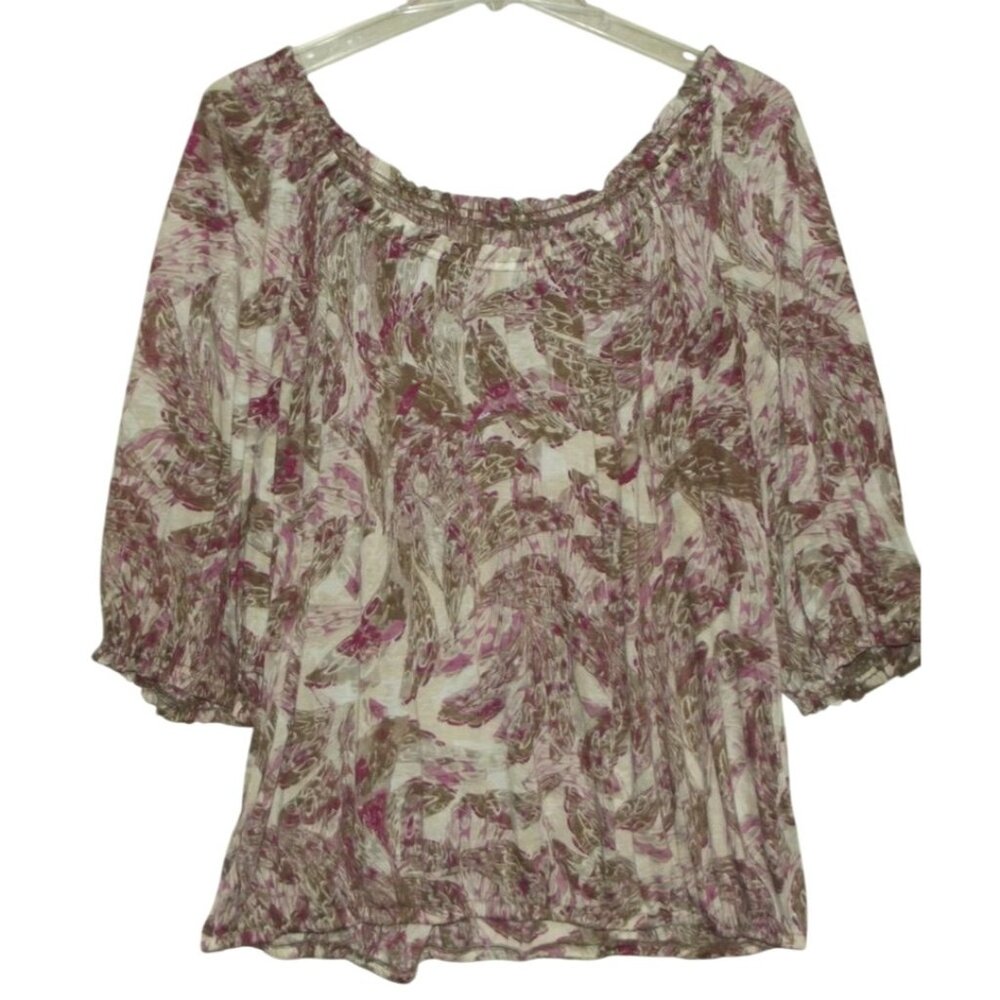 a.n.a. Blouse Womens Size 3X Purple Tan Print Peasant Lightweight Elastic Waist